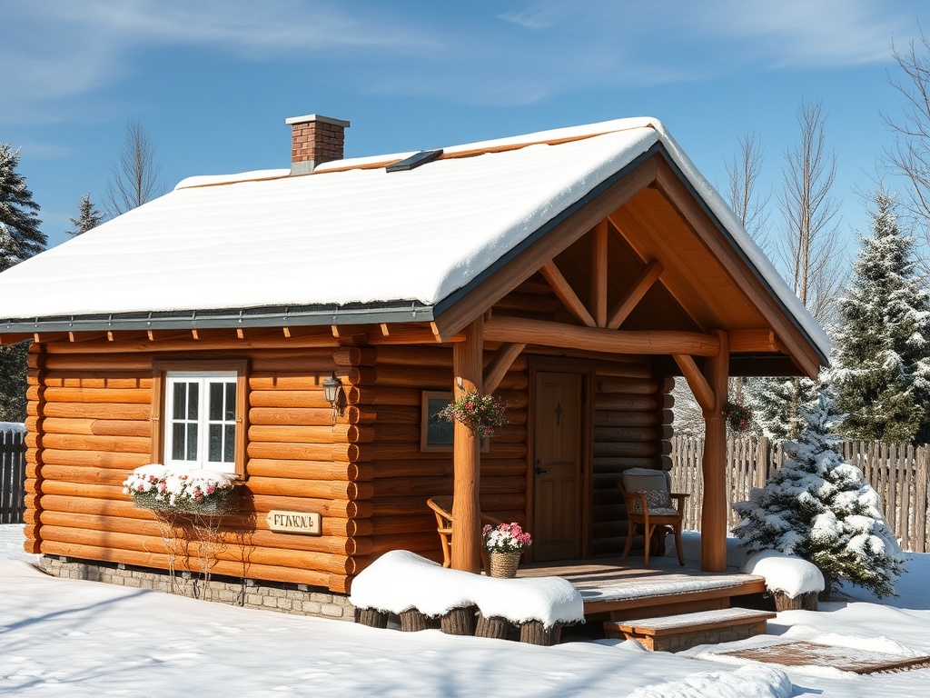 Уютный деревянный домик под снегом, окруженный зимним пейзажем и соснами. Яркое небо и солнечный день.