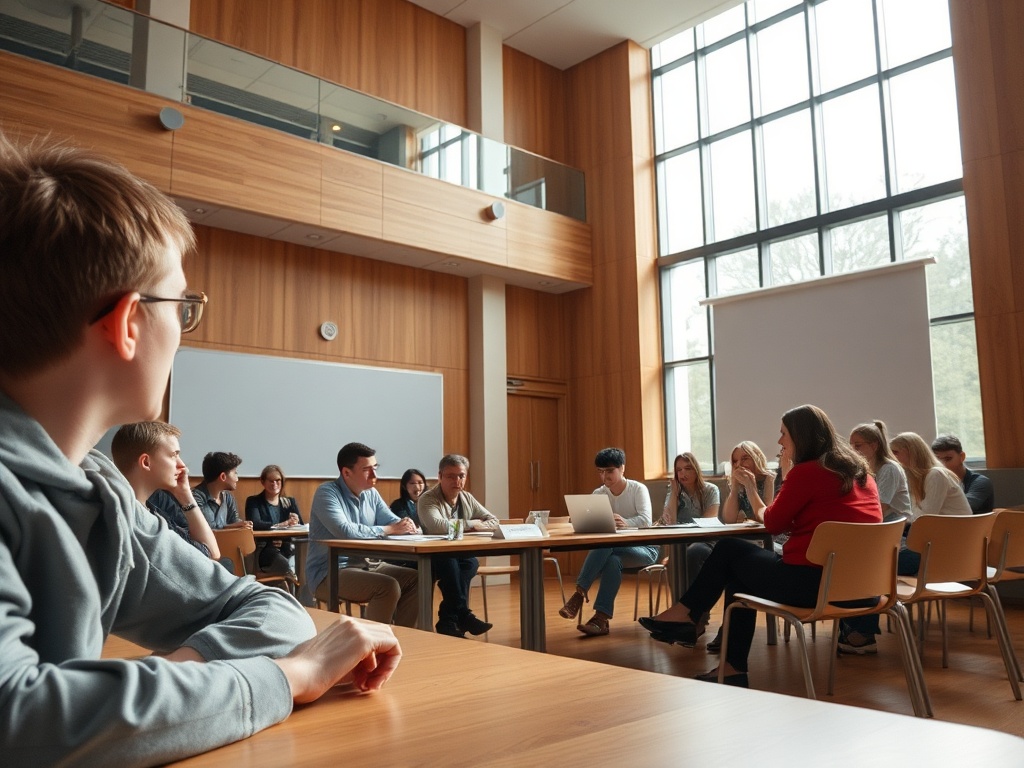 Группа людей обсуждает идеи в светлом конференц-зале с большими окнами и деревянными стенами.