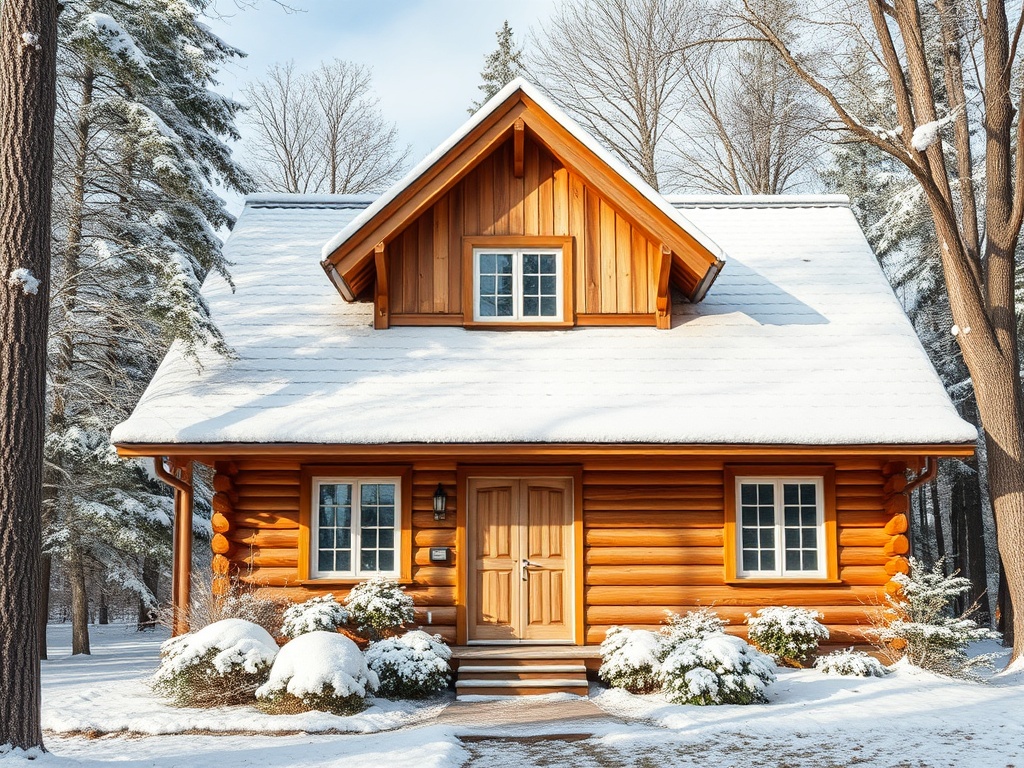 Деревянный дом с мансардой, покрытый снегом, рядом с соснами, в зимнем пейзаже.