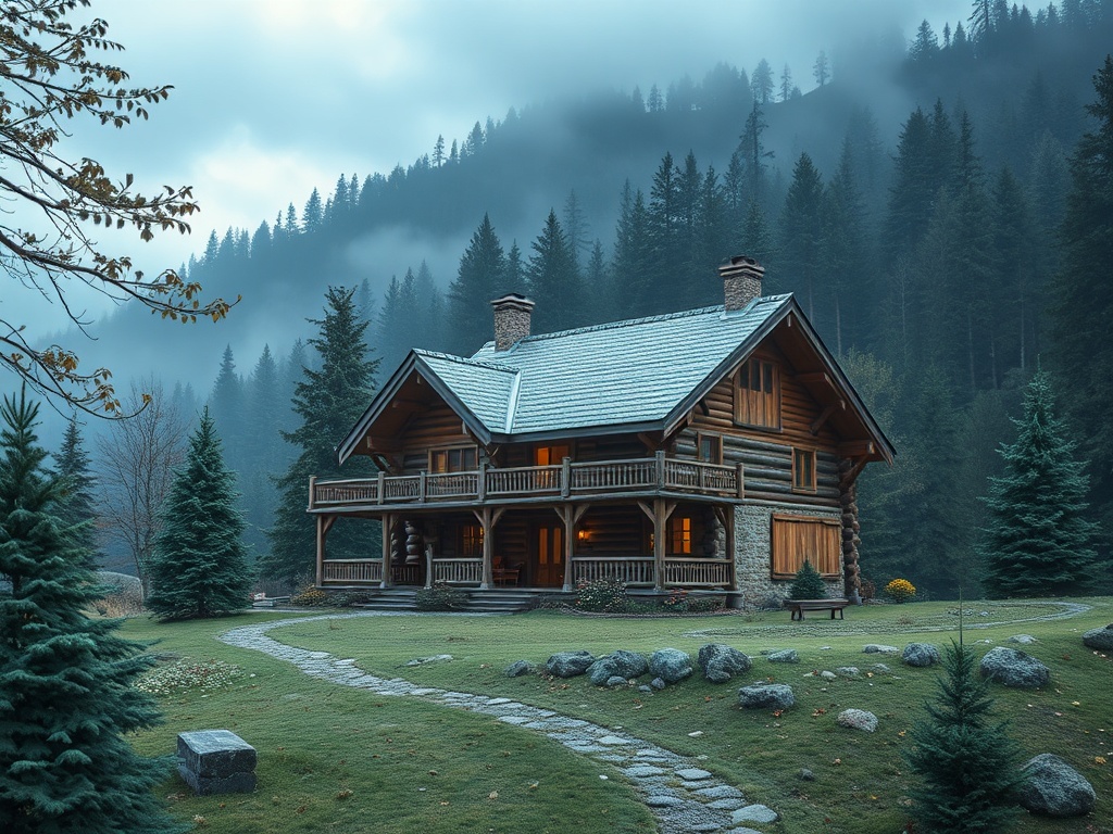 Деревянный дом с верандой на фоне туманного леса и гор, окружённый зелёной травой и камнями.