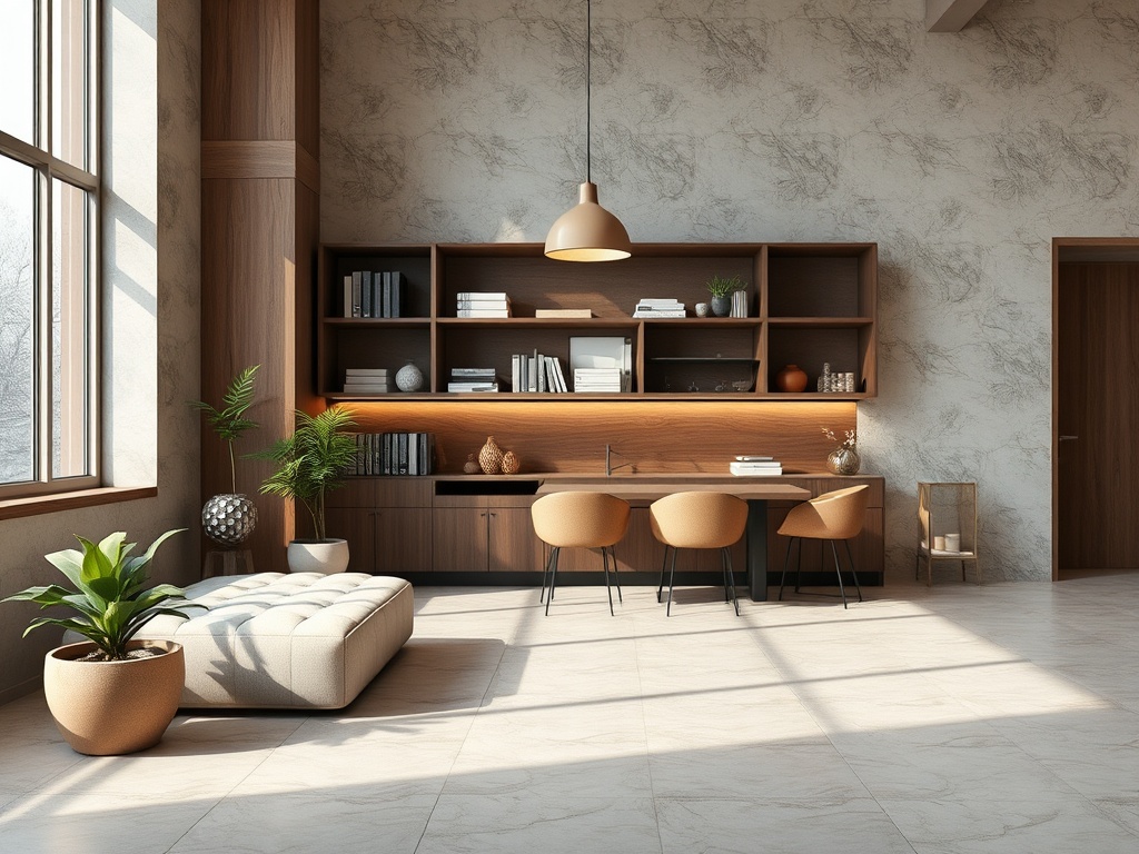 Современный интерьер с деревянными полками, уютным диваном и столом для работы в светлом помещении.