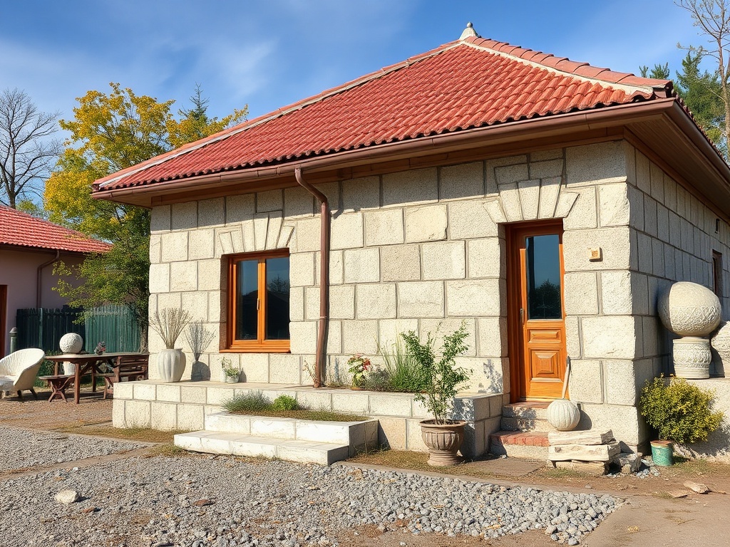 Каменный дом с красной крышей, окружённый зеленью и декоративными растениями на фоне синего неба.