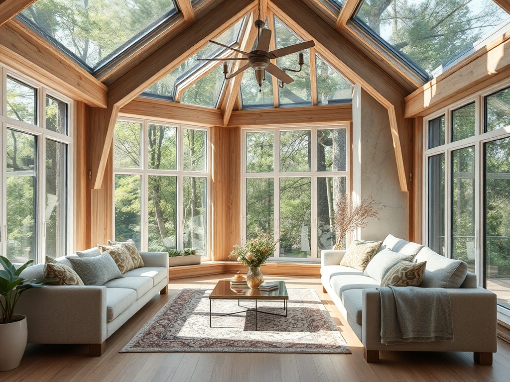 Светлая веранда с большими окнами, деревянными покрытиями и стильной мебелью для уютного отдыха.