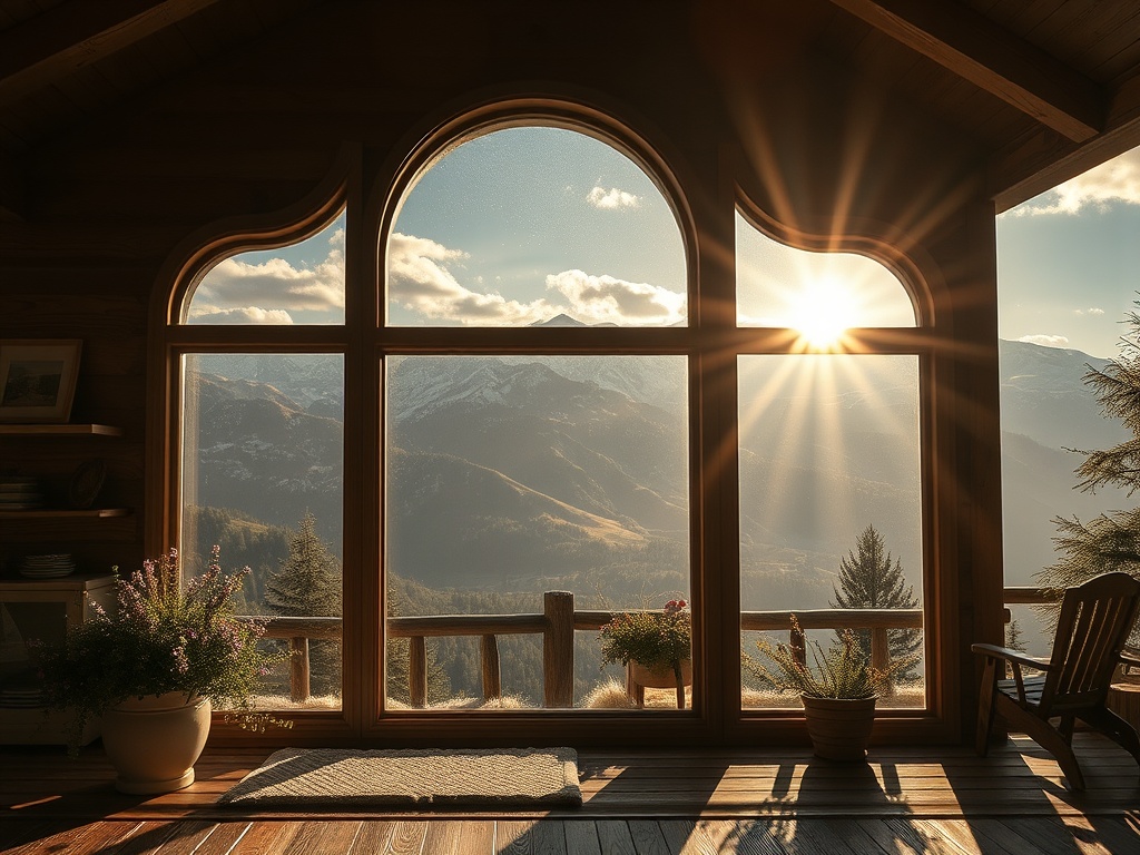 Светящееся солнце сквозь большие окна, горы и деревья на фоне теплого домашнего интерьера.