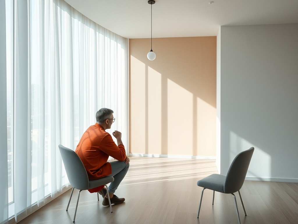На изображении сидящий мужчина в светлой комнате с большими окнами и двумя стульями. Солнечный свет струится.