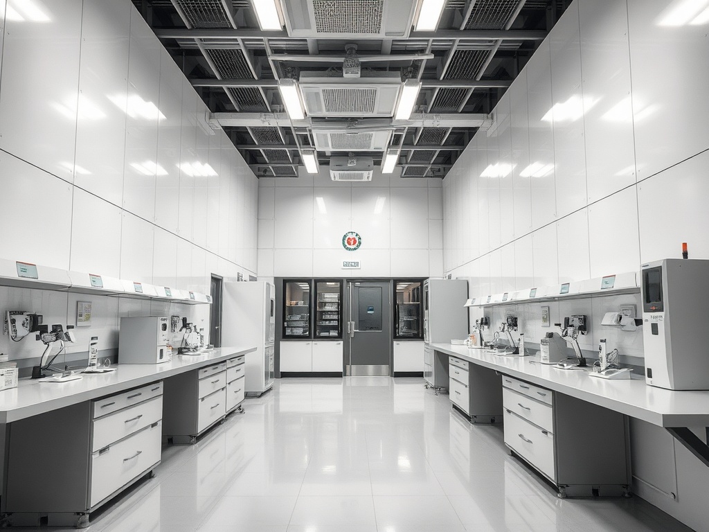 Современная лаборатория с белыми стенами и столами, оборудованными приборами и рабочими местами.