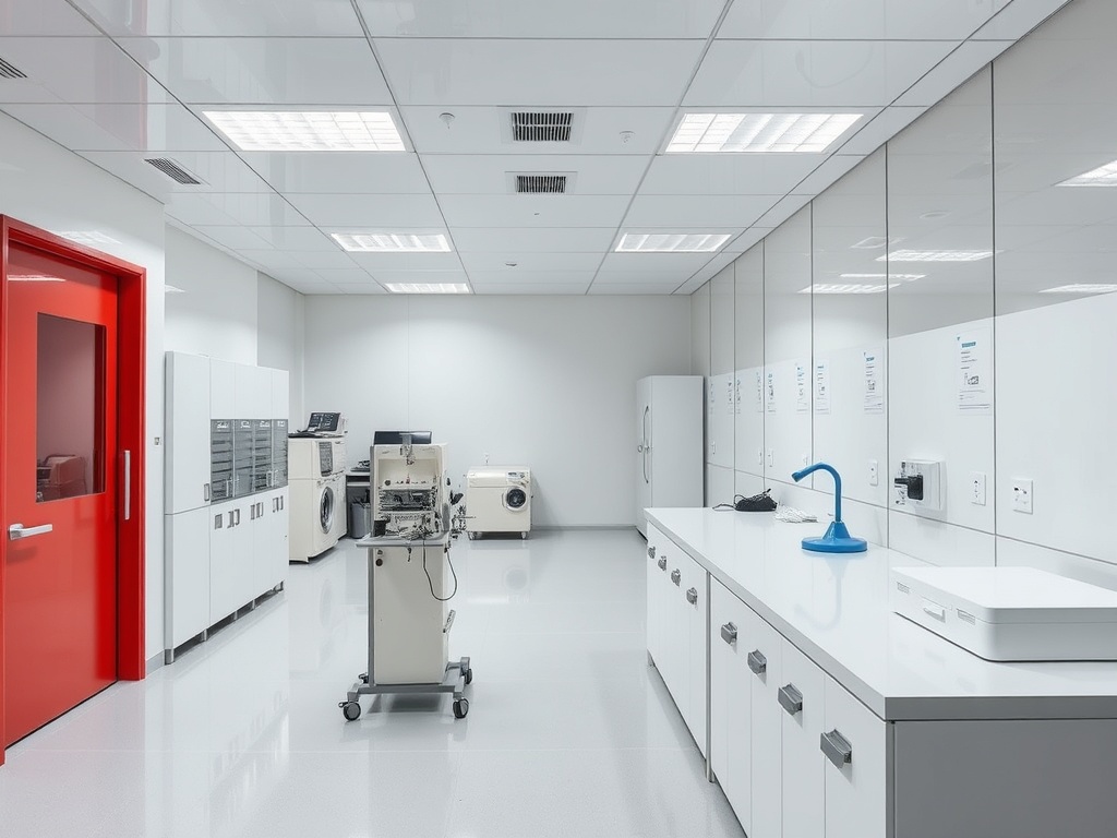 Современная лаборатория с белыми шкафами, красной дверью и медицинским оборудованием. Чистое и светлое помещение.