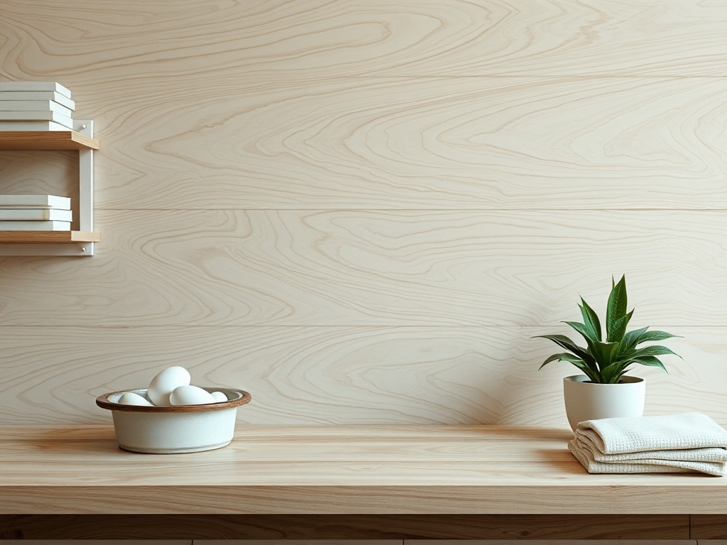 На деревянном столе белая миска с яйцами, горшок с растением и аккуратные полотенца. Стена из светлого дерева.