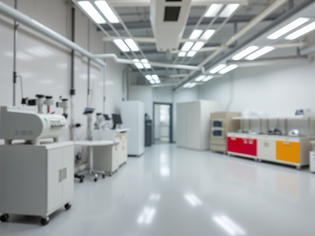 Современная лаборатория с оборудованием и рабочими столами, освещенная яркими светильниками.