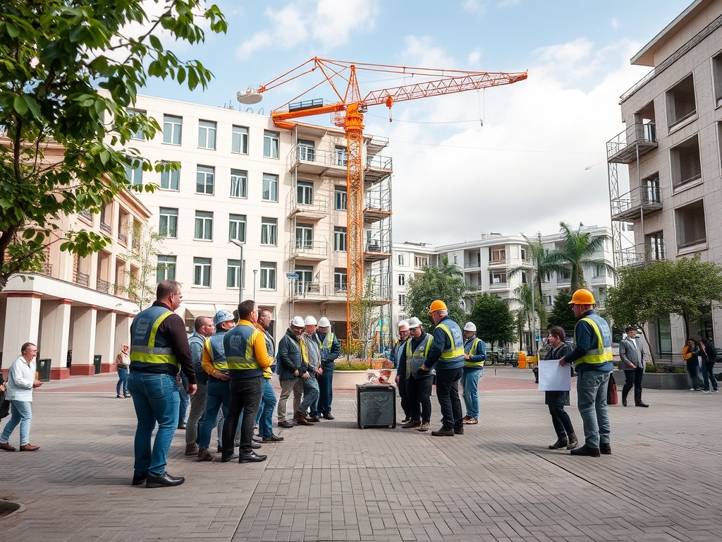 Группа строителей на строительной площадке с башенным краном. Они обсуждают детали проекта.