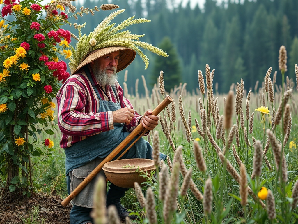 Старший человек в шляпе работает на поле среди высоких трав и цветущих растений.