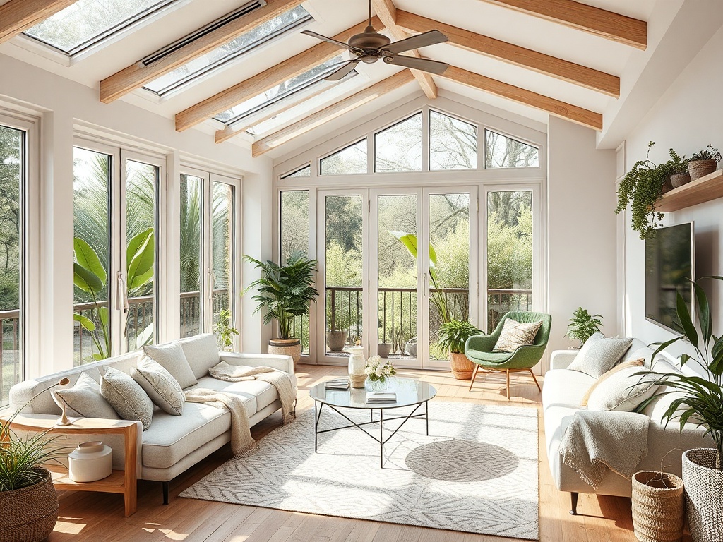 Светлая комната с большими окнами, зелеными растениями и уютной мебелью, идеальная для отдыха.