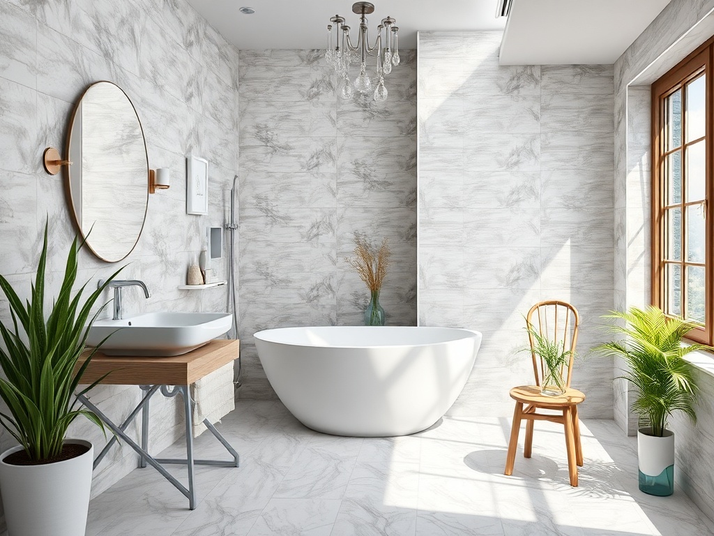 Уютная ванная комната с ванной, раковиной, растениями и большим окном. Современный и светлый дизайн.