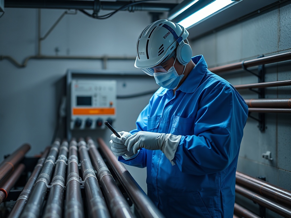 Рабочий в защитной одежде и маске, проверяет трубы в производственном помещении.