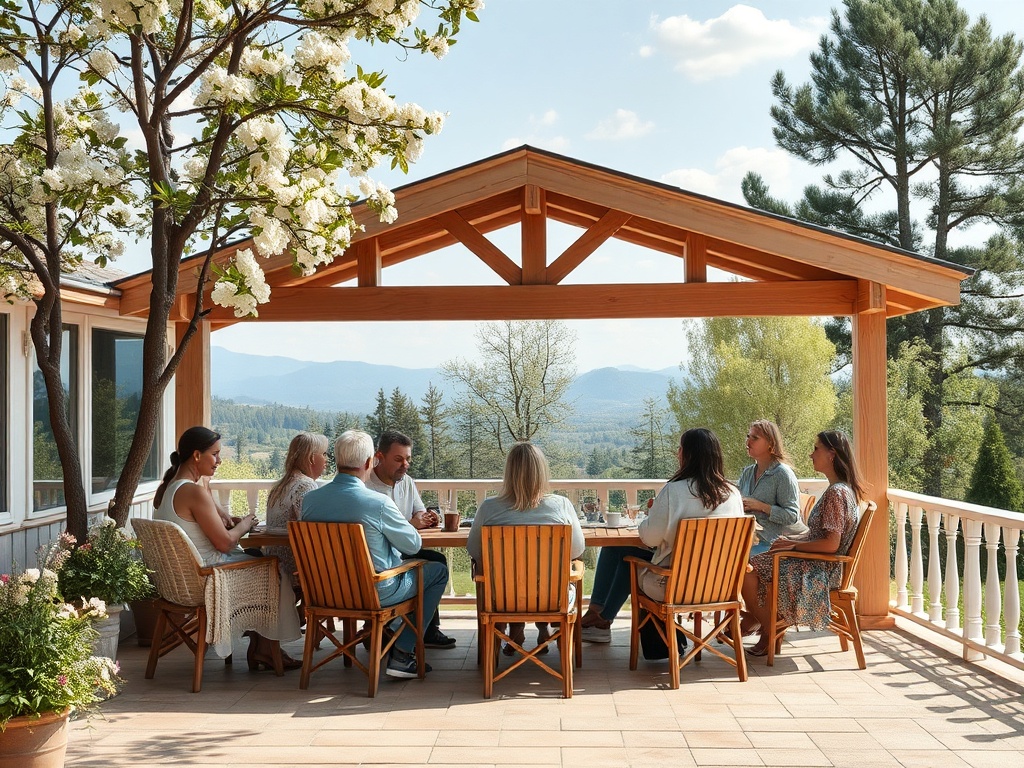 Группа людей за столом на веранде, окруженной природой, наслаждаются временем вместе в солнечный день.