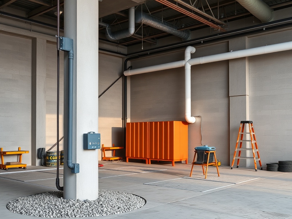 Современное помещение с серыми стенами, оранжевыми предметами и лестницей. Простор и минимализм.