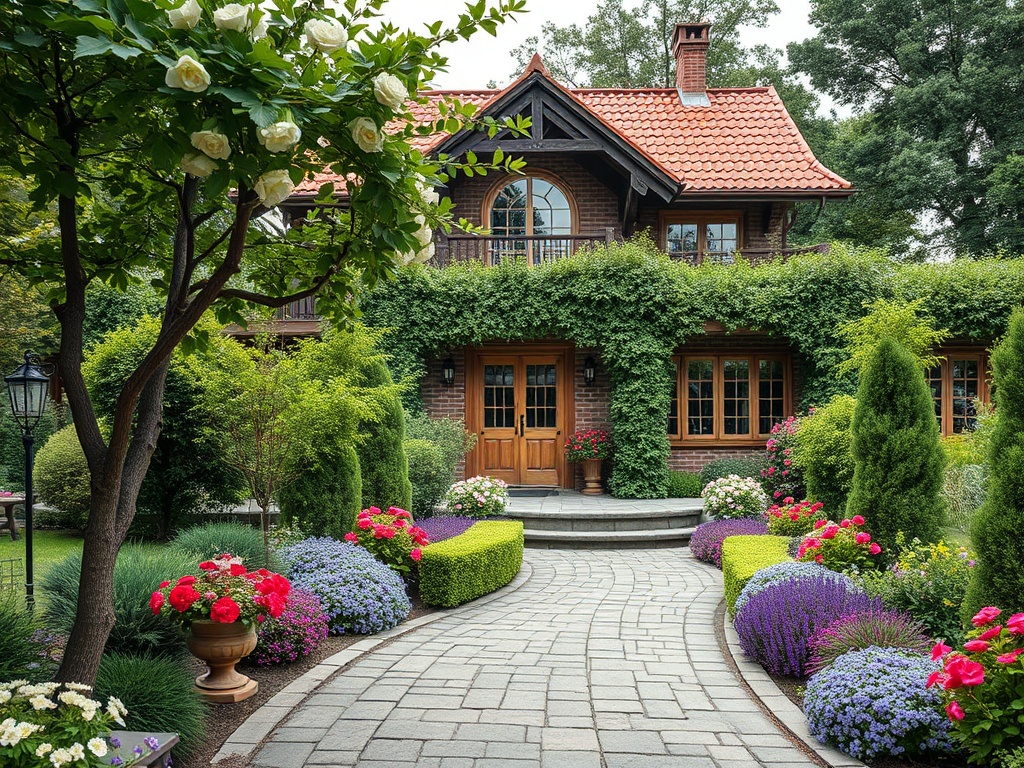 Уютный дом с красной крышей, окружённый зеленью и цветами, с каменной дорожкой к входу.