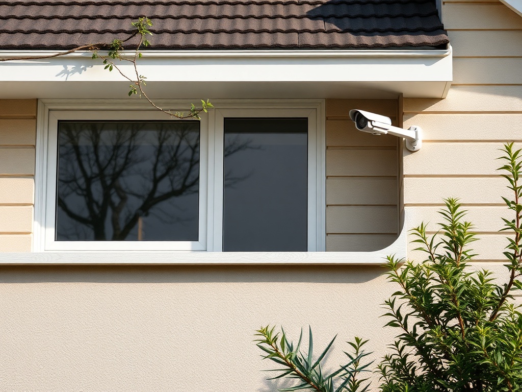 На стене дома расположена камера видеонаблюдения рядом с окном и растением.