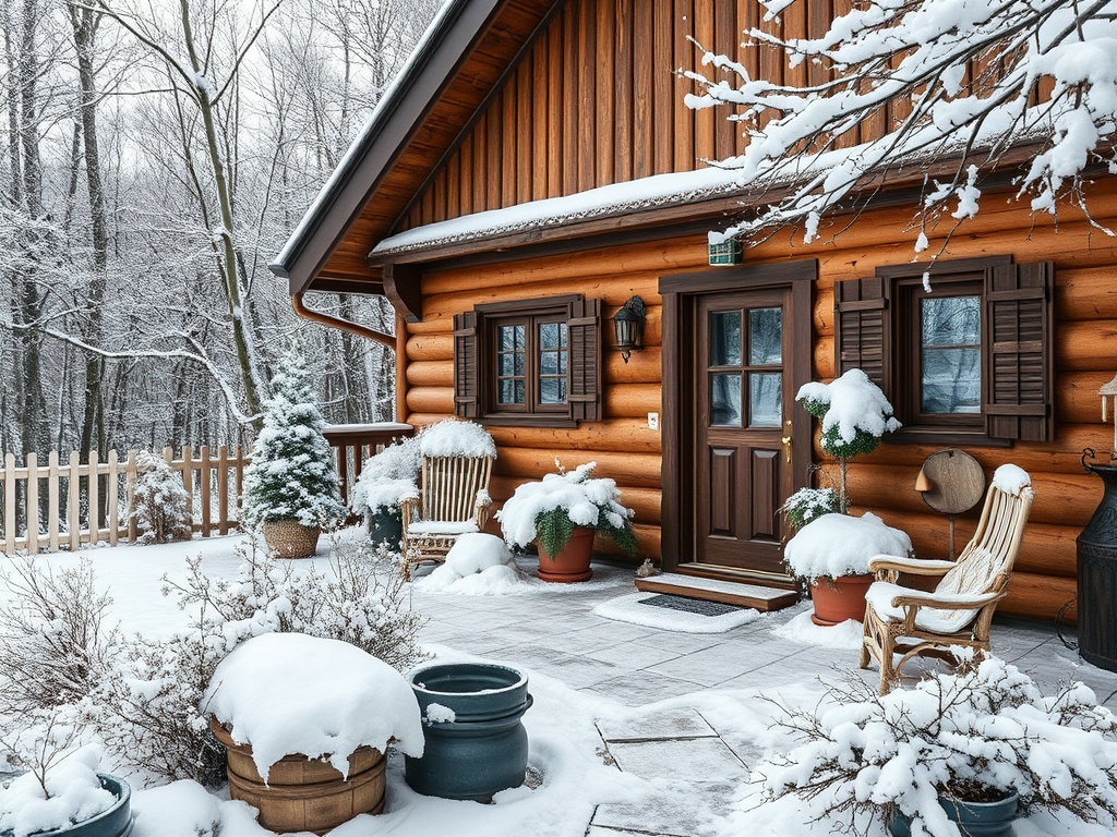 Деревянный дом с крышей, покрытой снегом, окружённый снежным лесом и зимними растениями. Тёплая атмосфера уюта.