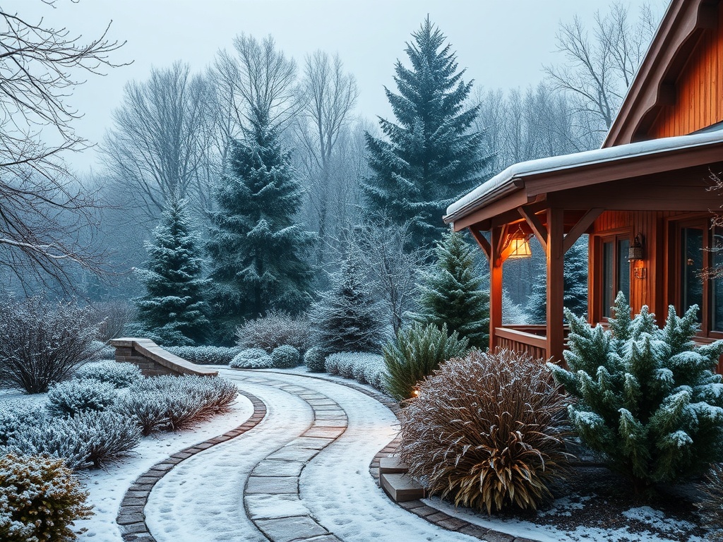 Зимний пейзаж у дома: сверкающий снег, зелёные деревья и заснеженная дорожка. Уютная атмосфера вечернего света.
