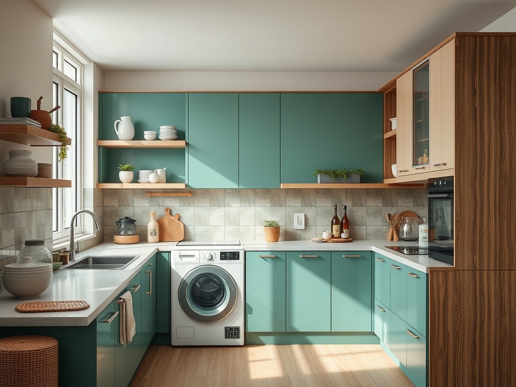 Современная кухня с зелеными шкафчиками, стиральной машиной и стильным дизайном. Солнечное освещение.
