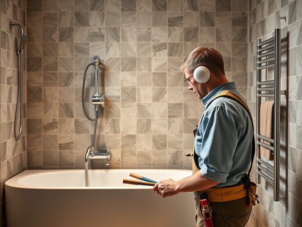 На изображении работник в ванной комнате с инструментами и наушниками, готовится к работе.