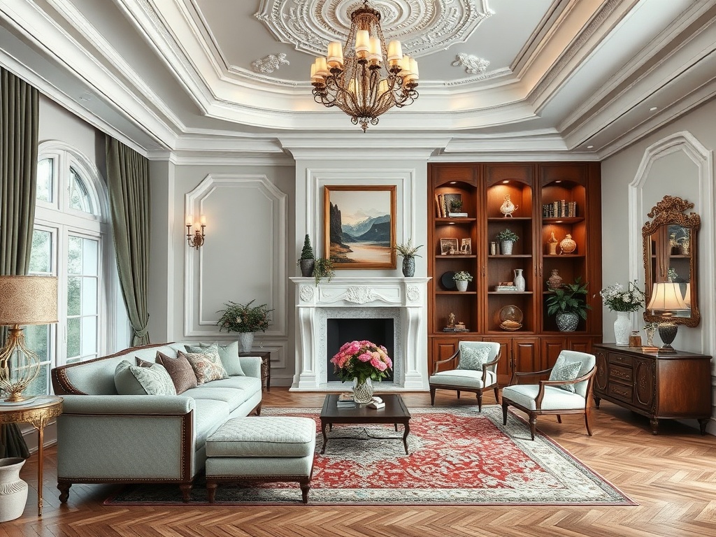 Современная гостиная с роскошным дизайном, камином и уютной мебелью на фоне элегантных стен.