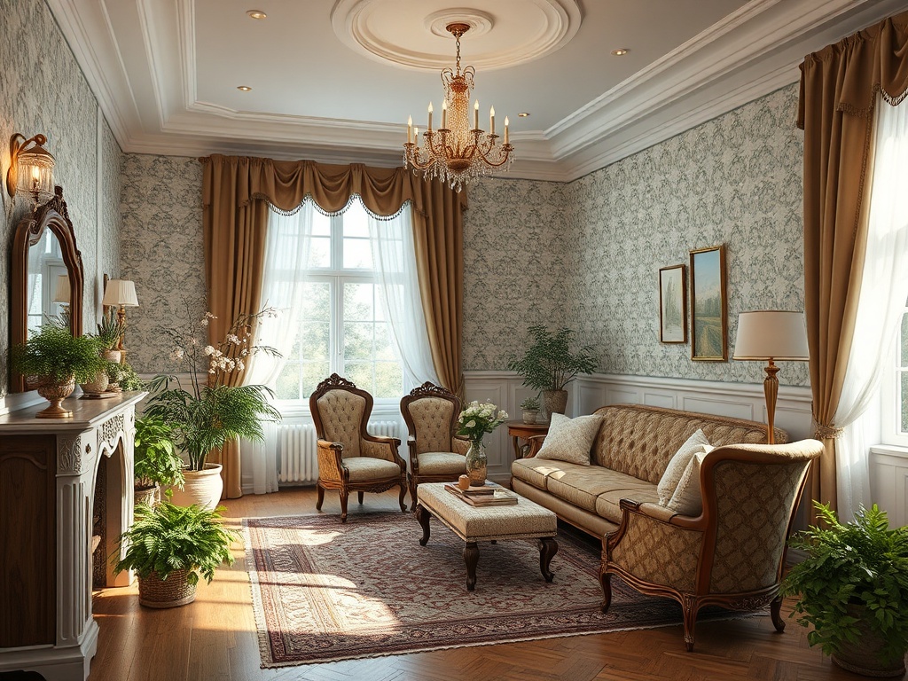 Уютная гостиная с элегантной мебелью, зелеными растениями и большим окном, наполняющим светом пространство.