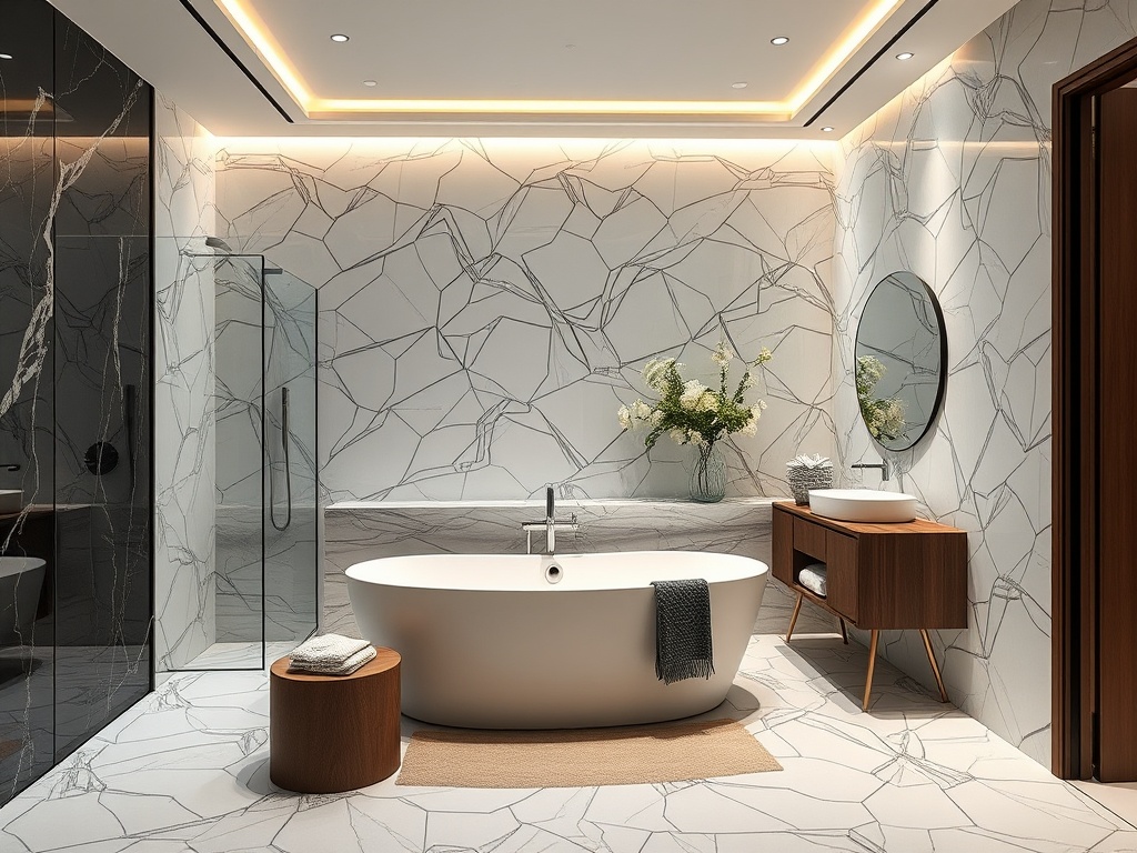 Современная ванная комната с ванной, душевой кабинкой и стильным оформлением стен и пола.