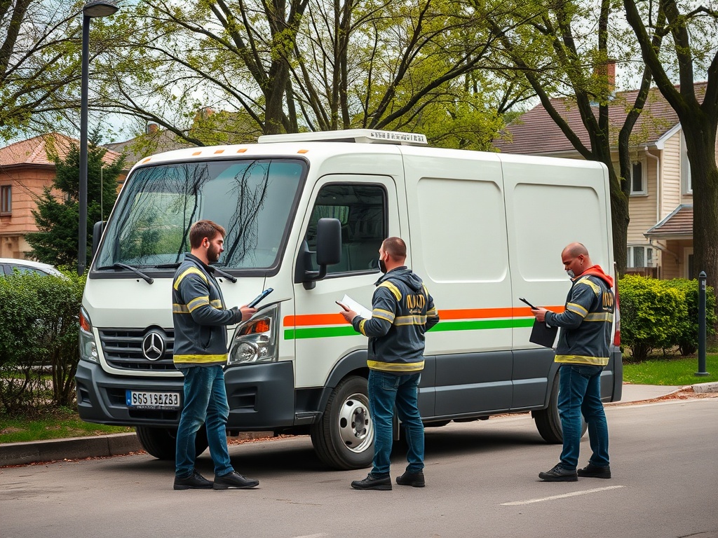 Трое мужчин в жилетах обсуждают работу рядом с фургоном на дороге в зеленом парке.