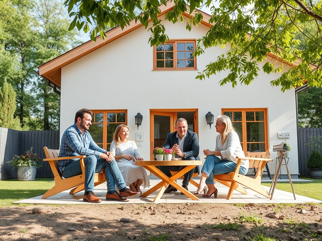 На веранде нового дома сидят четыре человека, обсуждая что-то за столом с растениями. Светлая и комфортная атмосфера.