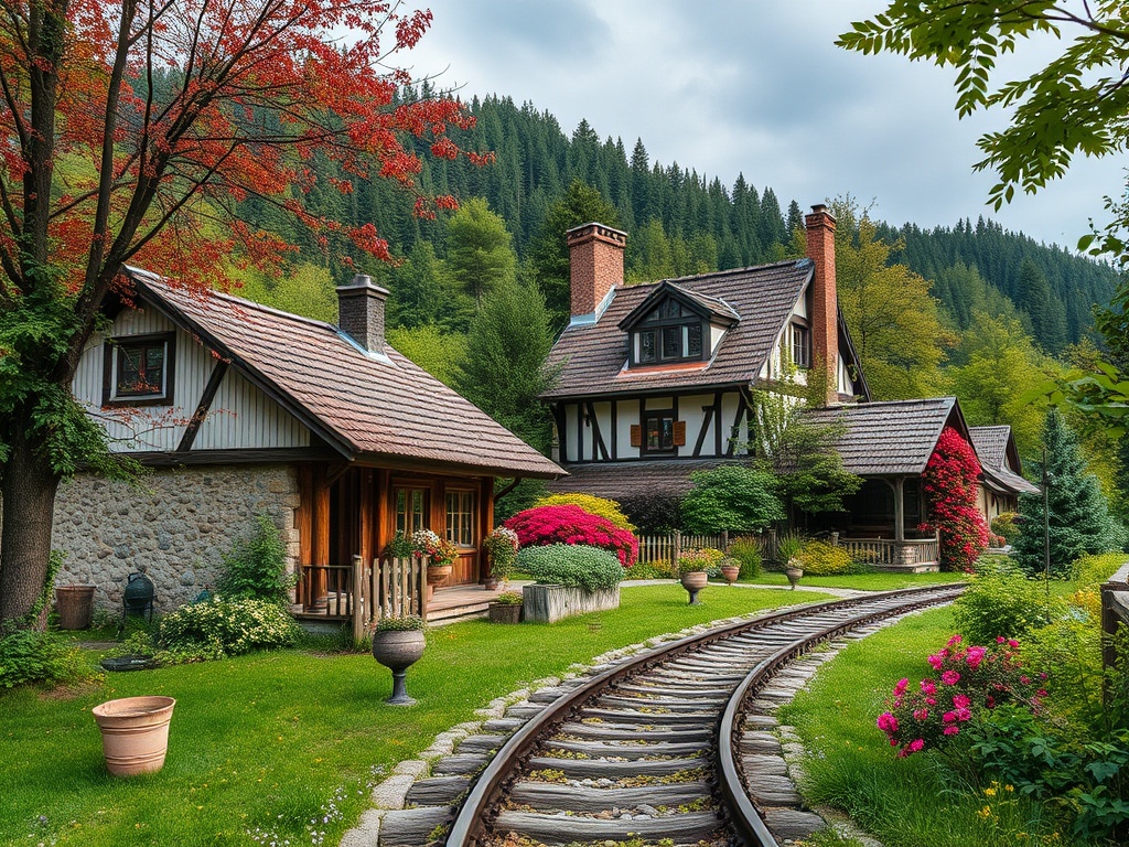 На картине изображены уютные дома, окружённые зеленью и цветами, вдоль железнодорожного пути в живописном лесу.
