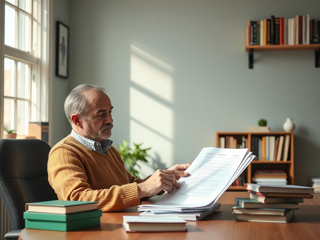 Пожилой мужчина в оранжевом свитере просматривает документы за столом, окружённым книгами.