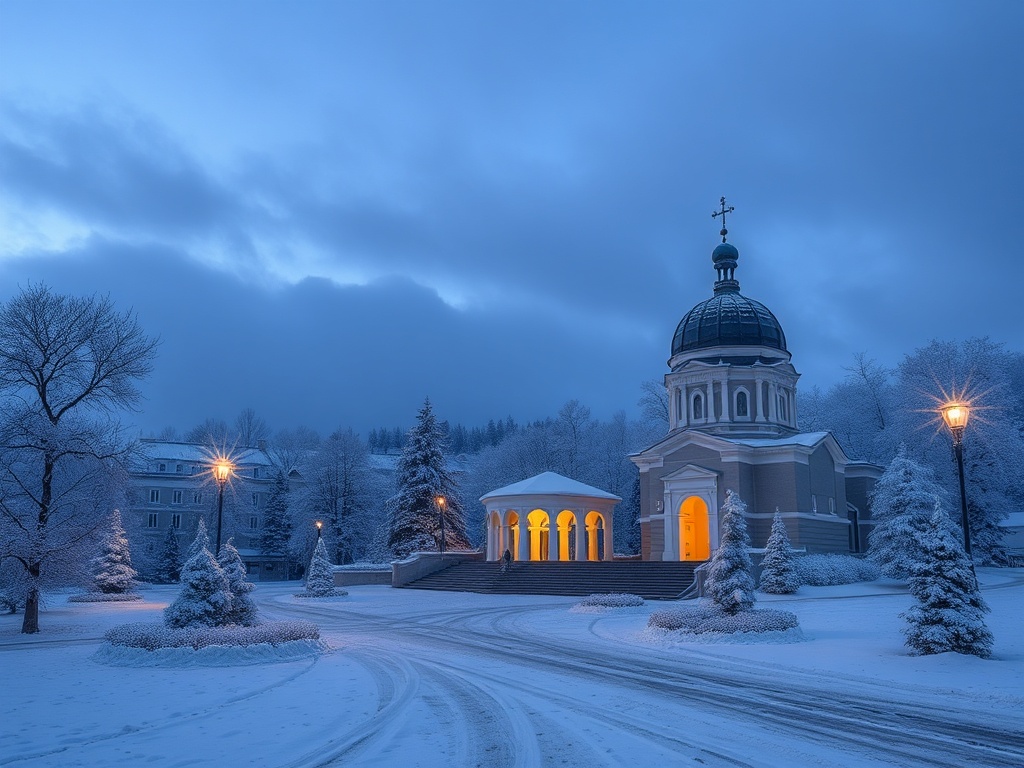 Зимний пейзаж с церковью и снежными деревьями под серым небом в вечернем свете.